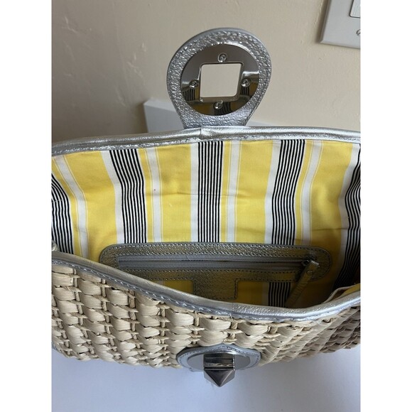 Kate Spade New York Woven Straw Basket Clutch Silver Metallic Leather Trim - Picture 11 of 12
